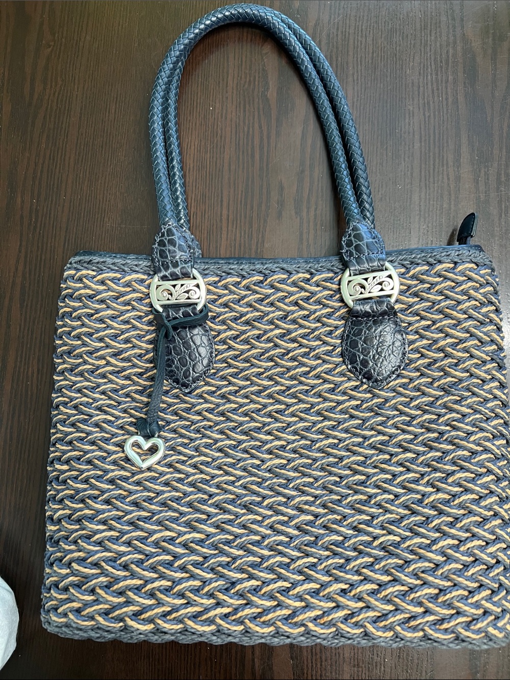 Brighton Woven Navy and Tan Braided Tote with Heart Charm